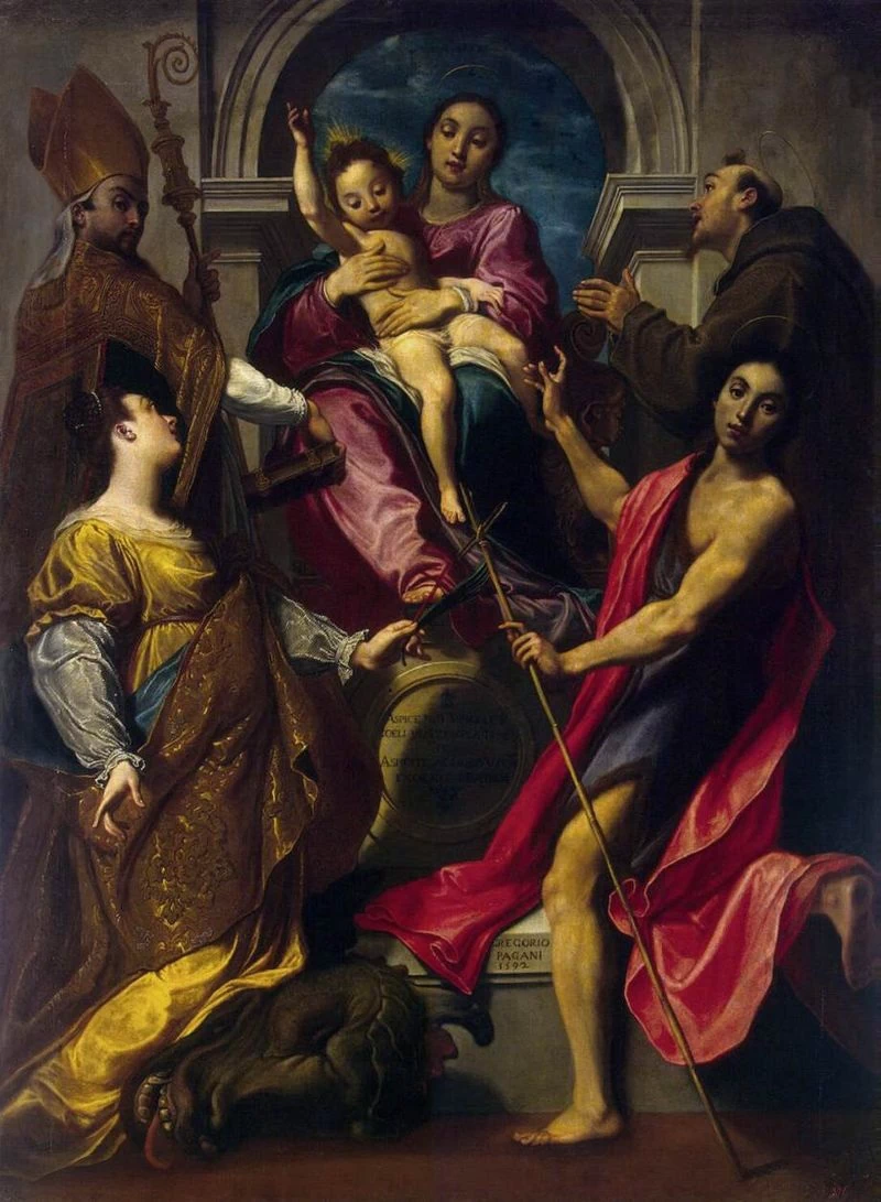 Madonna con Bambino e Santi Francesco d'Assisi, Giovanni Battista, Margherita e Gregorio Magno - Hermitage, San Pietrobur